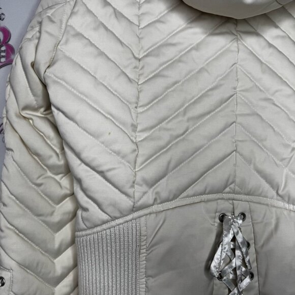 Bebe corset coat jacket snow bunny fur rabbit White Quilted Jacket Fur Trim hood - Picture 12 of 16